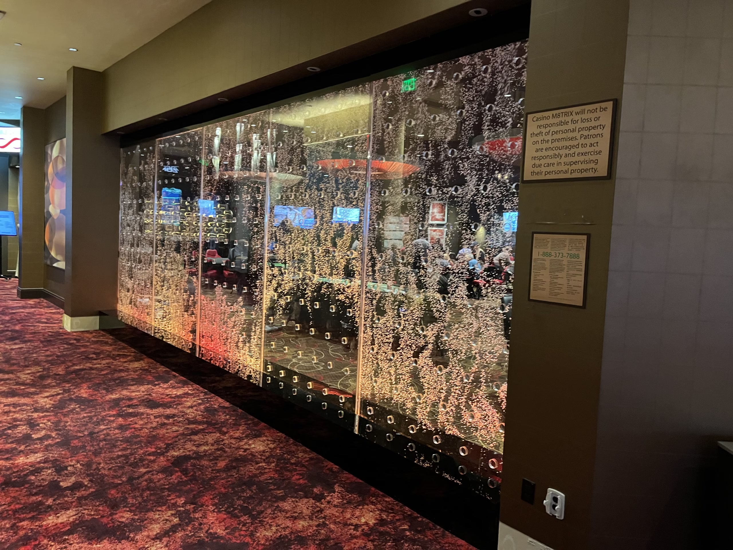 Swirly rod-style bubble wall installed at Casino M8trix in San Jose, California