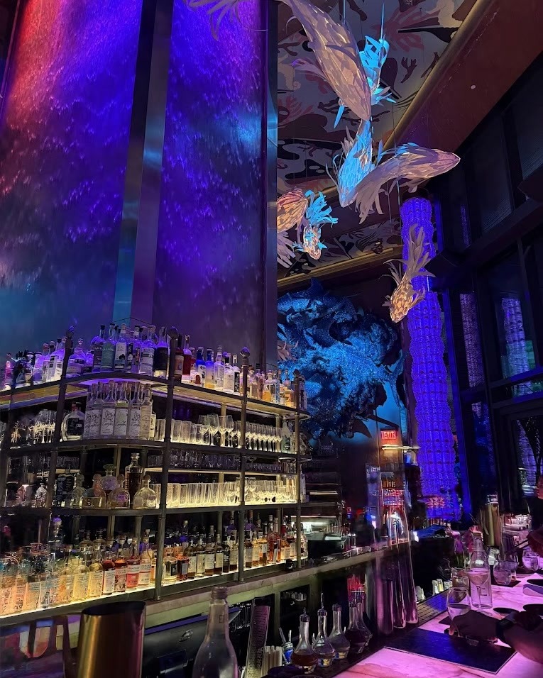 Water wall column at Sexy Fish restaurant in Miami
